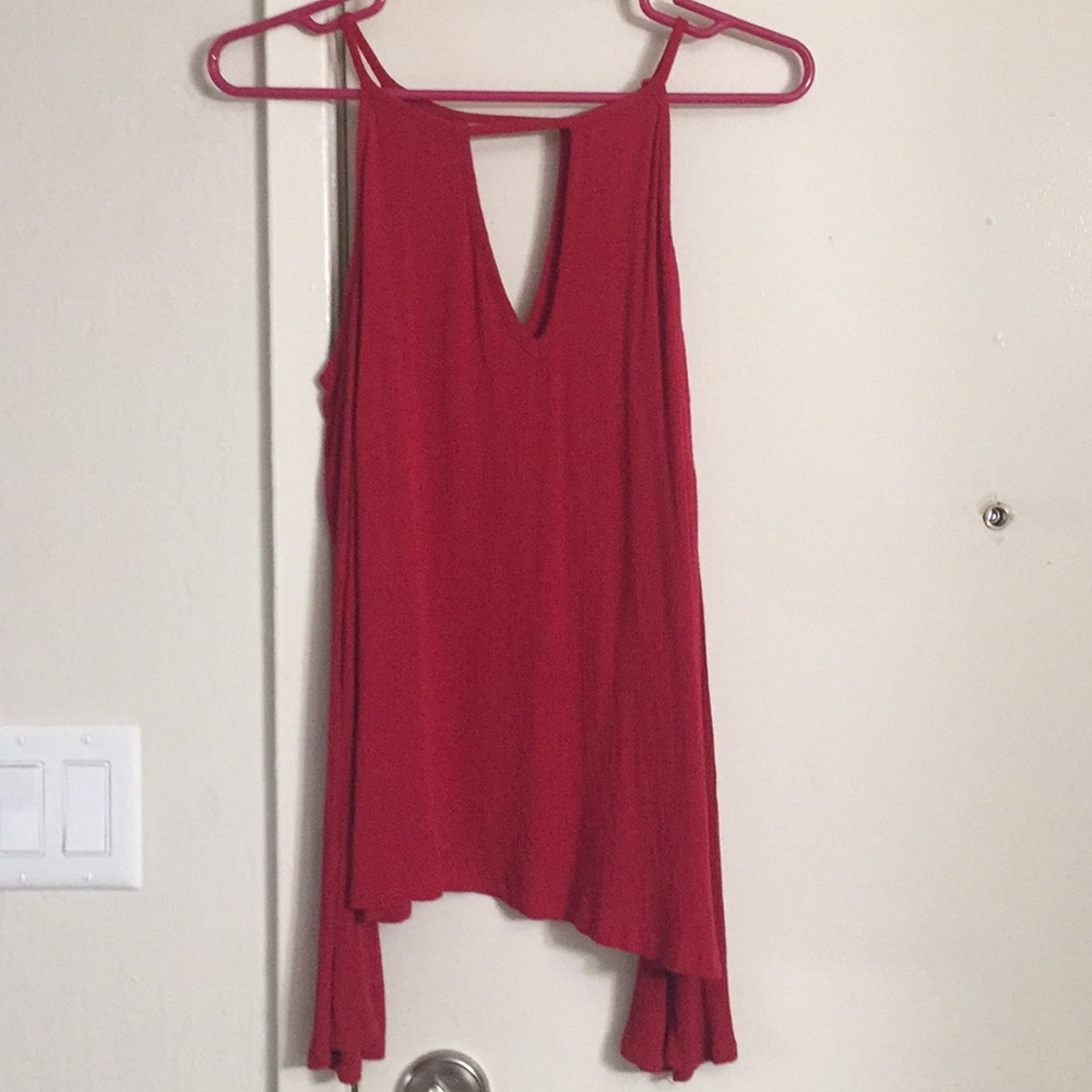 Red Long Sleeve Open Shoulder Blouse